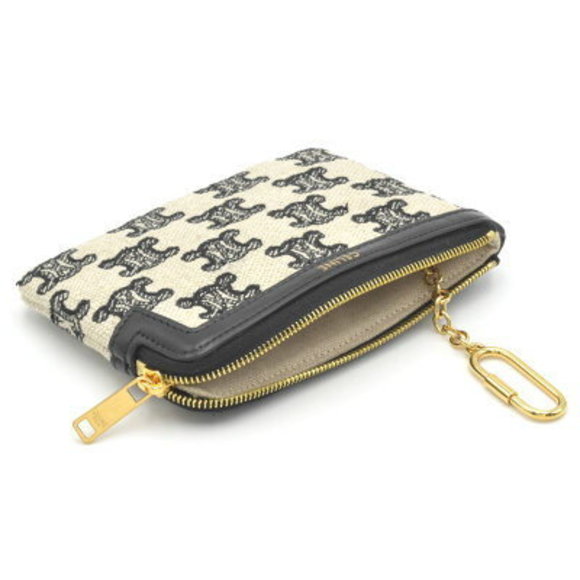 Celine Triomphe Case Calfskin Textile Black Beige Key Card Mini - Picture 4 of 5